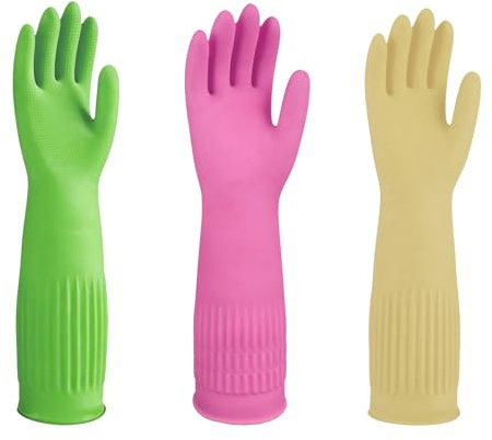 FUSHI&MON Washing Up Gloves, 3 Pack Durable Cleaning Gloves with extra long cuff, Reusable Waterproof Rubber Gloves, Non-Slip Dishwashing Gloves for Kitchen, Laundry Gardening (M)