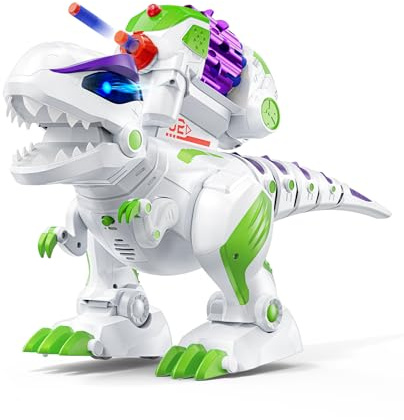 Ruko 8809 Radiostyrd dinosaurie T-Rex för barn, stor uppladdningsbar RC Dino med programmeringsfunktion, promenader, bryggor, LED-ögon och dartskott, leksak från 3 år, grön-lila-vit