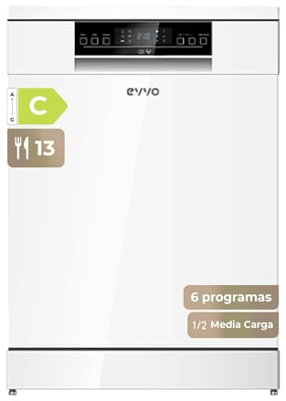 Lavavajillas EVVO D1Y - 60 cm, 13 Servicios, Clase Energética C, 6 Programas, Funcionamiento Silencioso, Apertura Automática, Media Carga, Inicio Diferido 24h, Bloqueo Infantil