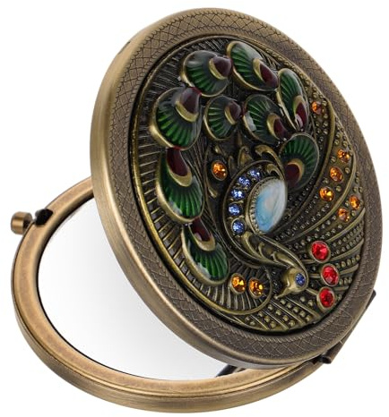 Ciieeo Specchio Trucco Rotondo Piccolo Portatile in Metallo, Specchio Pieghevole Vintage da Borsetta per Donne e Ragazze, per Viaggio e Uso Quotidiano