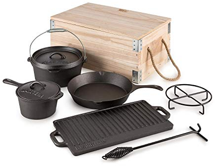 Klarstein Hotrod Masterplan - Dutch Oven Set , BBQ-Topf , Komplett Set , 7-teilig , zum Kochen, Braten & Backen , Stiltopf , Gusseisentopf , Pfanne , gerippte Bratplatte , Topfständer , schwarz