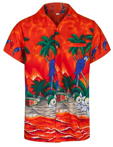 Camisas Hawaianas para Hombre - Camisa de Manga Corta con Cierre de Botones, Informal, Tropical de Loros y Palmeras para Hombre - Disfraces Hawaianos o para Despedidas de Soltero