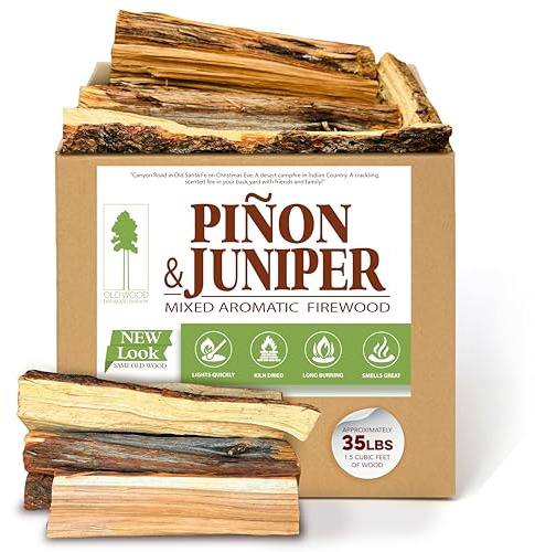 Old Wood Piñon & Juniper Firewood Box - Aromatic Blend for Indoor/Outdoor Use, 13-14 Inch Logs, Southwest Scent - Ideal for Fireplace, Fire Pit, Campfire, BBQ- Approximately 35 Pounds (1.5 Cubic Feet)