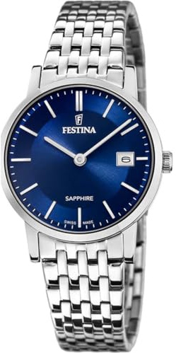 Festina Swiss Made Reloj Mujer Analógico de Acero Inoxidable 316l Plateado - Movimiento de Cuarzo - Cristal Zafiro Resistente - Resistente al Agua 5 ATM - Calendario F20019/2 - Classic Steel