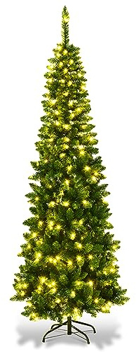 COSTWAY Albero di Natale 135/200/225 cm, Albero di Natale Slim con 150/250/350 Luci a LED Calde, 226/708/1085 Rami Folti e Base di Metallo, Ideale per Casa, Ufficio e Negozio (200 cm)