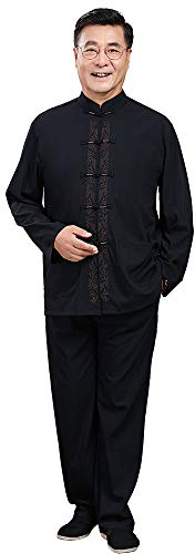 G-LIKE Herren Frühling Herbst Anzug - Traditionelle Chinesische Bestickte Kleidung Kampfkunst Tai Chi Kung Fu Trainingsanzug Langarm Jacke Hose Uniform für Männer – Baumwolle Leinen (Schwarz, XXL)