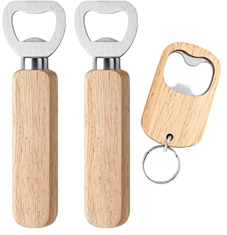 Flaschenöffner Holz, Edelstahl Flaschenöffner und Schlüsselanhänger Bierflaschenöffner, Bottle Opener für Bar, Küche, Camping, Party, Geschenke für Männer, 3 Stück