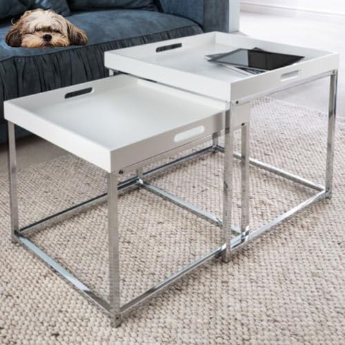 LEBENSwohnART Lounge 2er Beistelltisch-Set MENTO Weiss abnehmbare Tabletts 50cm Chrom Couchtisch