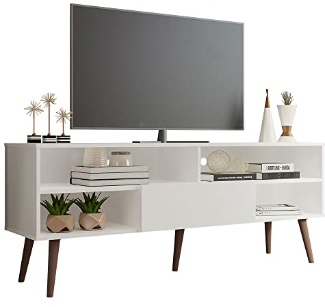 Madesa TV Stand with 1 Door and 4 Shelves with Cable MANAGEMENT for 55, 65 Inch Media Storage Media Console Living Room and Bedroom Entertainment Center Wooden Television Cabinet - White