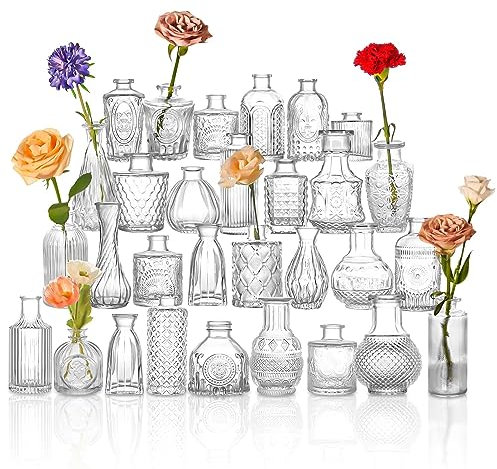HOXHA Glass Bud Vase Set of 30 Clear Glass Vases for Wedding Table Decorations Centerpieces Small Vintage Flower Vase in Bulk Mini Bottles Vases for Home Party Events, 30 Pack