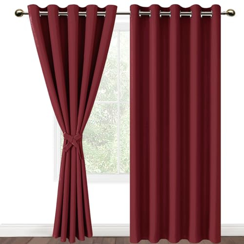 DWCN Blackout Curtains with Tiebacks for Bedroom Thermal Insulated Solid Eyelet Curtains for Living Room,2 Panels,66 Wide x 90 Drop Burgundy