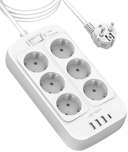 JSVER Regleta de 3 m, protección contra sobretensiones, 6 enchufes con 4 puertos de carga USB, enchufe múltiple con USB C, regleta de enchufe para montaje en pared (3680 W 16 A) para smartphones