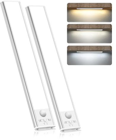 FLOWood Unterbauleuchte Küche Led, Schrankbeleuchtung mit Bewegungsmelder 24CM, 3 Farbmodi Dimmbar, 1500 mAh USB Aufladbar Led Lichtleiste für Schlafzimmer, Schrank, Kleiderschrank, 2 Stück