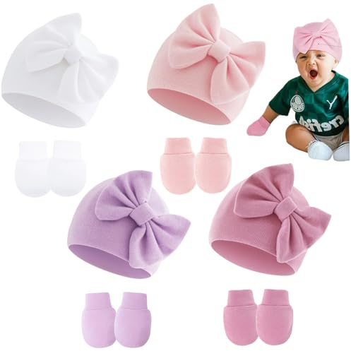 BEAHING 4 par babyvantar och 4 st nyfödd mössa set, bomull sjukhus hatt mössa med rosett mjuka bomullshandskar för bebisar, Blandad färg, en storlek