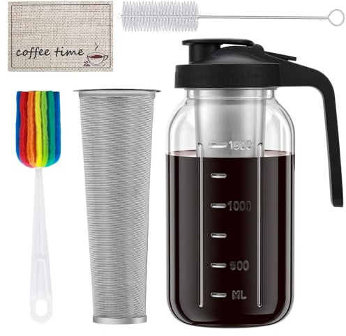 Cold Brew Coffee Maker, 64oz Cold Brew Pitcher with Stainless Steel Filter & Coffee Mat, Glass Cold Brew Mason Jar with Airtight Lid, Cold Brew Brewer Kit Tea Infuser Pitcher, Gifts for Coffee Lovers