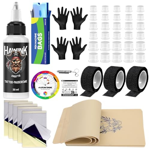 HAWINK Kit Tatuaje con 5 Piel Sintetica Tatuaje 30ml Crema Tatuaje 5 Tattoo Papel Transfer Completo Tattoo Supplies para Principiante y Artistas TC637KITEU