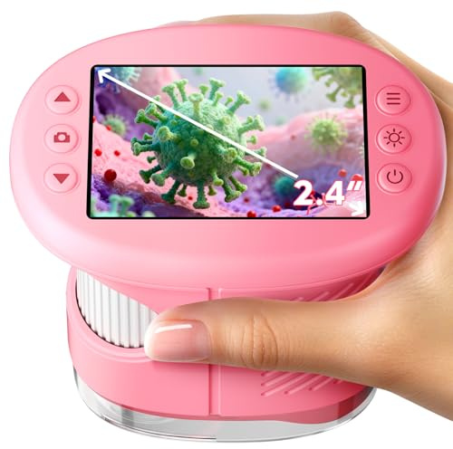 Upgraded 1000X Handheld Microscope for Kids, 4K 2.4 Screen Digital Kids Microscopes with 12 Slides, Portable Edu Toys Gifts for Age 3-4 5-7 8-13 Year Old Boys Girls Children Students(Baby Pink)