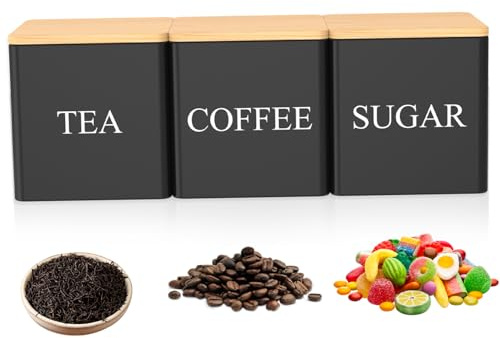 Takingup kaffe te socker behållare set 8,4 cm metall värmebeständig med trälock stapelbar förseglad burk för hemmakontor svart – te kaffe socker behållare set
