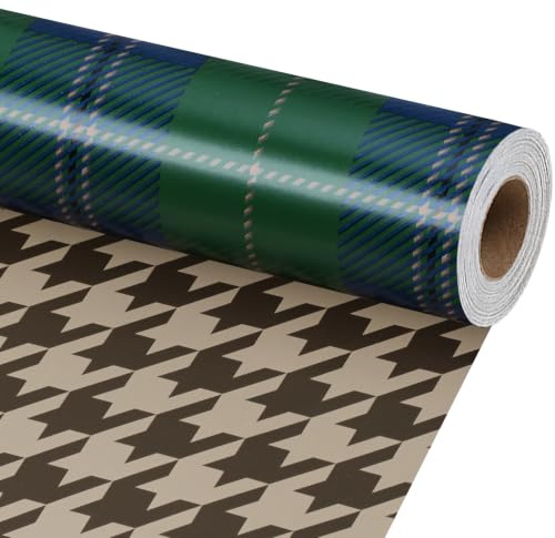 BIOBROWN Julpapper, vintage grönt rutmönster, 43 cm x 10 m | Vändbar, klassisk design, ljusbeständigt mönster, rivbeständigt papper, idé för julfest