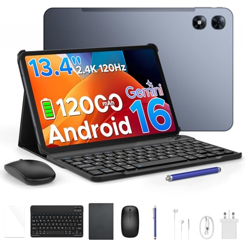 POPUX P13PRO Tablet, Tablet 13.4 Pulgadas, 48GB RAM 256GB ROM, Tablets Android 16 con Gemini AI, 120Hz, 12000mAh, 16MP+8MP, Ultra-Thin 7.7mm Body, 4G LTE, Tablets con Teclado, Auriculares 3.5mm-Gris