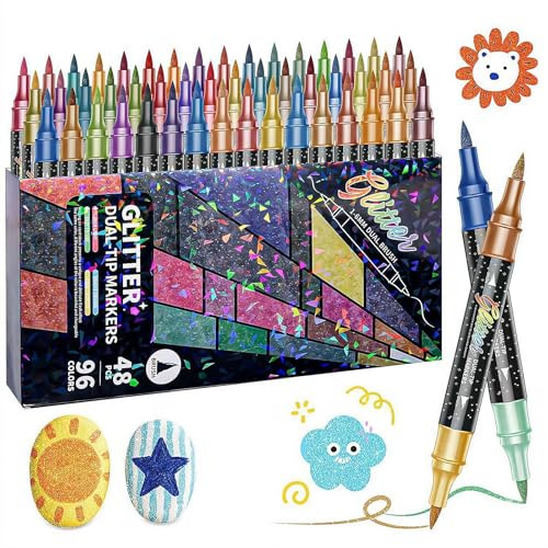 48 Colors Glitter Effect Brush Markers,Glitter Dual-tip Double Colours Shimmer Markers,2-in-1 Quick-drying Large Capacity 6mm Soft Brush Tip Pen for Coloring Books DIY Crafts