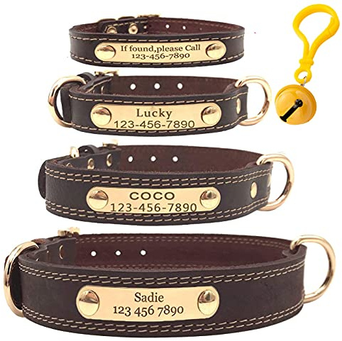 Mihqy Collier en Cuir personnalisé - Nom et numéro de téléphone du Chien gravé au Laser - avec Plaque Nominative ID Tags sur Mesure，Convient aux Petits, Moyens et Grands Chiens (Brown, XS)