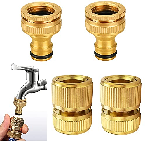 BUZIFU 2 Piezas Conector de Manguera de Latón y 2 Piezas 2 en 1 Adaptador Manguera Grifo de Latón, 1/2 y 3/4, Adaptador para Grifo con Rosca, Conectores Rápidos para Mangueras de Jardín o Cocina