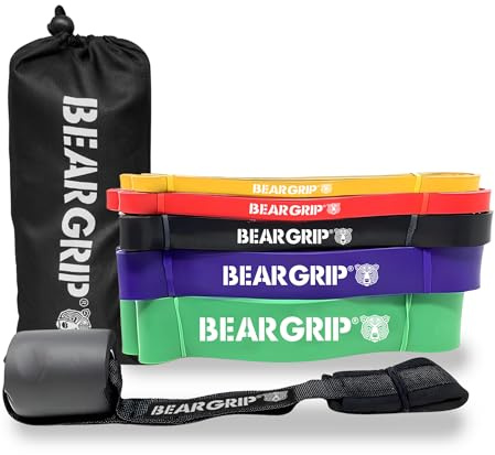 BEAR GRIP - Pull Up Assist Bands | Heavy Duty Resistance Bands for Assisted Pull Ups, Yoga, Stretch Mobility, Crossfit, Strength Training (Sets of 5 - Red, Black, Purple, Green, Yellow)