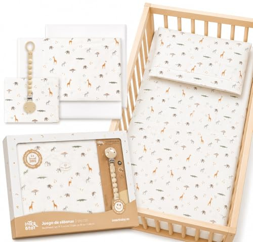 Juego 3 Sabanas Cuna 60x120 100% Algodon con Sabana Bajera Transpirable Ajustable + Encimera y Funda Almohada Lavables Suaves Pack Descanso Bebes y Recien Nacidos Savana Beige + Chupetero de Regalo
