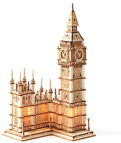 ROBOTIME 3D Puzzle for Adults Wooden Craft Kits for Teens DIY Construction Model Kit with LED Light to Build Educational Big Ben Set Toys Birthday Gifts
