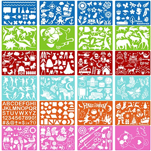 Qpout 24pcs Color Drawing Stencil for Kids,Animal Princess Dinosaur Butterfly Letter Painting Templates for Boys Girls Birthday Halloween Christmas Gifts Party Toddlers Preschool Painting Tool