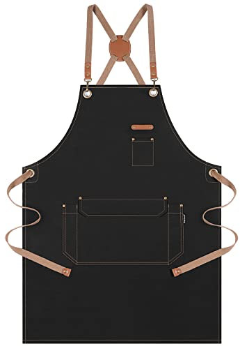 Genixart Chef Apron for Men Women with Pockets - Cross Back Kitchen Apron Cooking, Baking, BBQ, Art Painting - Cotton Canvas Work Aprons for Gardening, Restaurant, Cafe, Bar, Shop (1, Black)