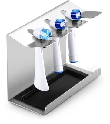 Siegvoll Porta Testine Spazzolino Acciaio Inox, Porta Testine per Spazzolino Elettrico per Oral-B, iO, Philips Sonicare, ecc. Portaspazzolino con Vaschetta di Raccolta, Supporto per 3 Testine