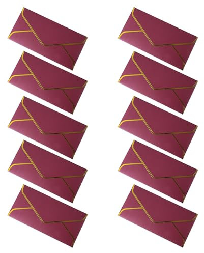 Tainrunse Briefumschläge für Grußkarten mit goldenem Rand, V-Klappe mit Schnellverschluss, Vintage-Stil, luxuriös, für Geburtstag, Abschlussfeier, Hochzeit, Partys, Weinrot, 10 Stück