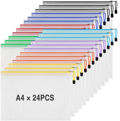 Tufa 24 Bolsas de Documentos A4, Bolsa de Archivo de Cremallera A4 con Etiqueta Adhesiva, Impermeable de Malla Bolsa de Documentos de Plástico para Certificados Recibos Papelería Oficina Viaje Tarea