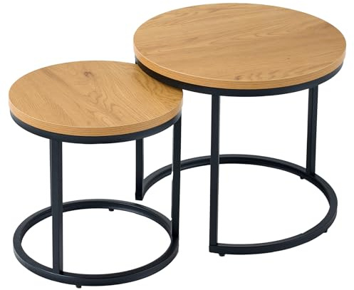 Riess Ambiente Runde Beistelltische 2er Set Elegance 45cm Natur Wildeiche-Design Holz schwarzes Metallgestell, platzsparender Couchtisch für Dein Wohnzimmer