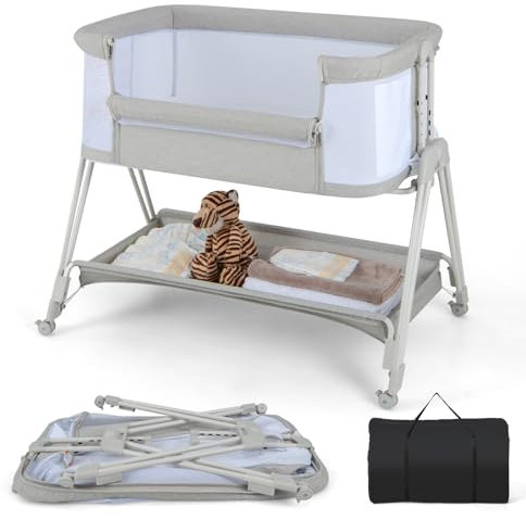 COSTWAY Baby Bedside Crib, Easy Folding Cot Bed with Mattress, All-Side Mesh, Storage Shelf and Travel Bag, Height Adjustable Newborn Sleeper for Birth to 9kg (Light Grey)