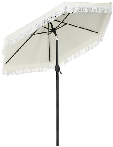 Outsunny Parasol de jardin Parasol droit inclinable Ø 2,25 m avec manivelle à franges style bohème 6 baleines crème et mât noir