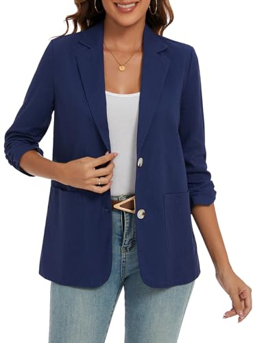 Cotton Linen Blazer Jacket for Women 3/4 Ruched Sleeve Summer Daily Blazers | Cotton Linen Blazer Jackets for Women 3/4 Ruched Sleeve Blazers Summer 2 Button with Pocket Outerwear Notched Lapel