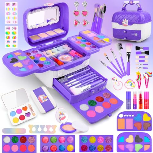 Auney Kit de Maquillaje para Niñas, 80 PCS Lavable de Set de Maquillaje para Niñas,Juego de Maquillaje y No Tóxico,Regalo de cumpleaños y Navidad para niñas de 4 5 6 7 8 9 10-12
