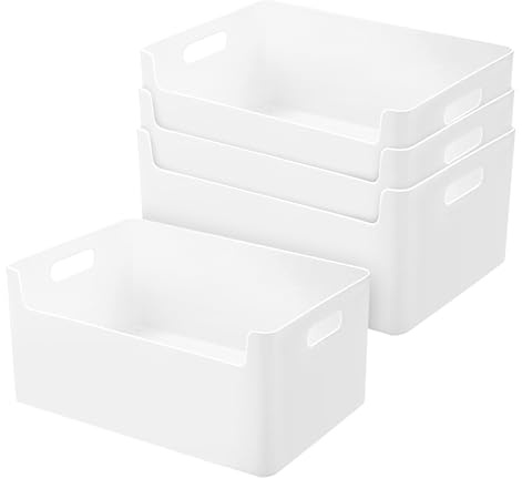 LYLIDIA Scatole Portaoggetti Bianco 4 Pezzi 25cm contenitori portaoggetti Cucina Contenitori per Armadio Cestino Portaoggetti con Maniglie Cestino Plastica per Bagno Ufficio Casa