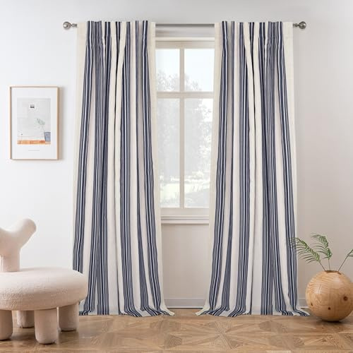 DriftAway Chris Linen Blackout Curtains with Thermal and Sound Reducing Layer 84 Inches Long for Bedroom Striped Printed Drapes Thermal Insulated Lined Window Treatment for Living Room Linen Dark Blue