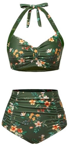 Holipick Green Flowers Women High Waisted Bikini Set Two Piece Swimsuit Tummy Control Bathing Suit Vintage Halter Swimwear XL