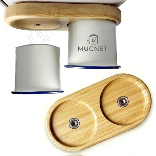 MUGNET Porte-Tasses magnétique pour Tasses émaillées – Support en Bambou pour 2 Tasses – Fixation Stable pour Camping-Car, Vanlife, Bateau et Tiny House