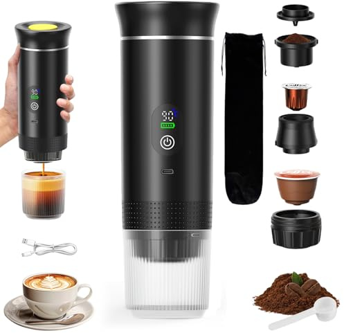 VHV Caffettiera Portatile 3 in 1, Caffettiera Ricaricabile Portatile da Viaggio, Macchina da Caffè Espresso 12V per Capsule, Caffè Macinato, per Camping, Ufficio, Viaggio, Casa, Auto (Nero)
