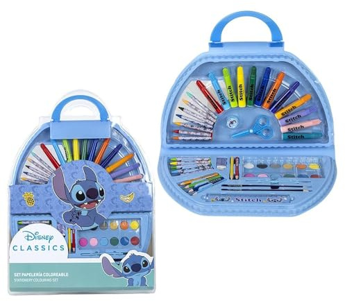 Maletín Pinturas Stitch con 50 piezas Maletín creativo lápices colores, crayones, rotuladores, acuarelas, pinceles – Estuche Stitch portátil para pintar, colorear y regalar