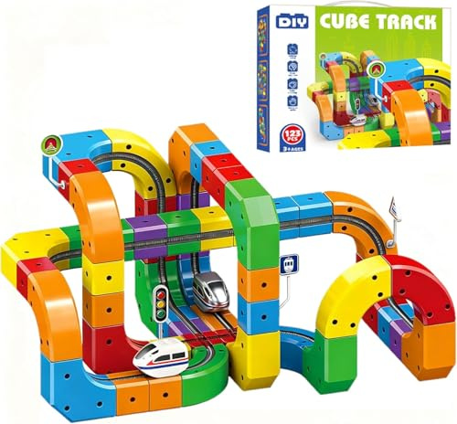 Clickrail Electric Train Set, DIY Cube Track, Cubix 3D Tren Magnetico Juguete con Gravedad Defying, Klickrail Block Bloques Mágicos y Tren Motorizado, Trens Eléctrico Regalo para Niños (123 Piezas)