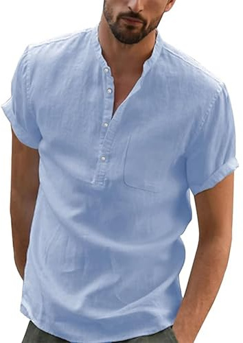 JESDM Mens Summer Shirts Short Sleeve Henley Shirt Cotton Blend Band Collar Casual Holiday Shirt with Pocket