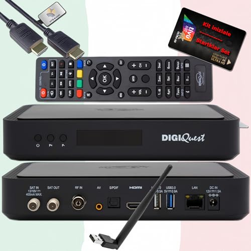 DigiQuest Q99 - Receptor satélite 4K con tarjeta TiVuSat activada (incluye llave WiFi) - Italiano TV Rai Mediaset LA7, HEVC HDR, PVR Ready, LAN, USB, receptor certificado + cable HTS e-com HDMI