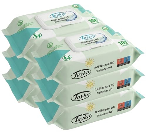 Tayko Papel Higiénico Húmedo Aloe Vera, 600 toallitas con Tapa Rígida, Toallitas Húmedas Desechables para WC y Biodegradables, Dermatológicamente testeadas, con extracto camomila (6 paquetes de 100)